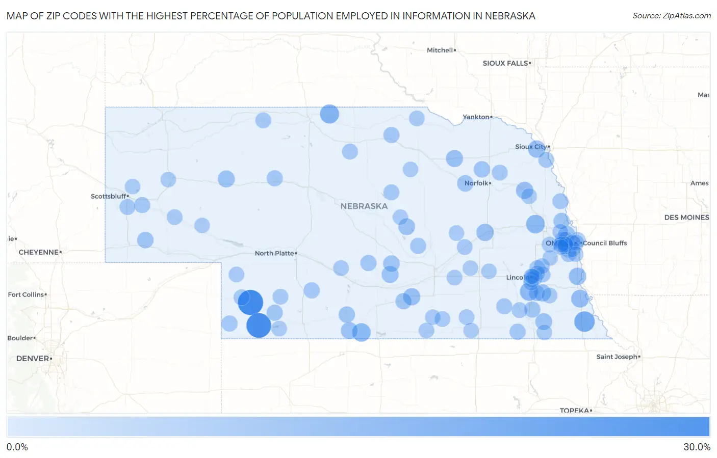 Zip Codes with the Highest Percentage of Population Employed in Information in Nebraska Map