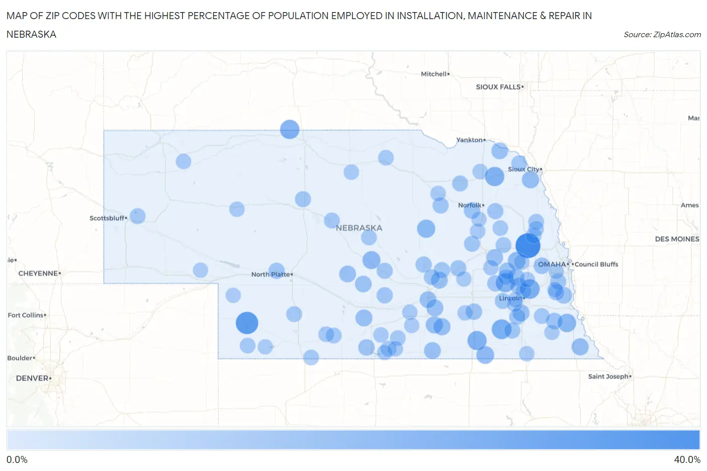 Zip Codes with the Highest Percentage of Population Employed in Installation, Maintenance & Repair in Nebraska Map