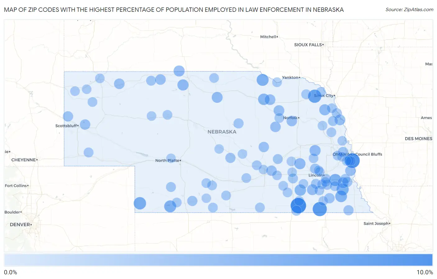 Zip Codes with the Highest Percentage of Population Employed in Law Enforcement in Nebraska Map