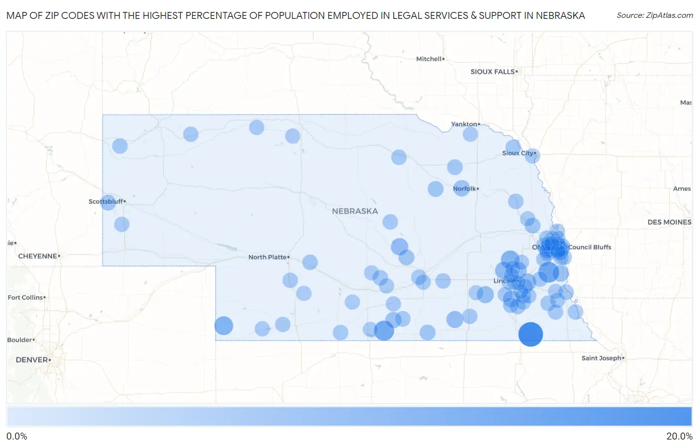 Zip Codes with the Highest Percentage of Population Employed in Legal Services & Support in Nebraska Map