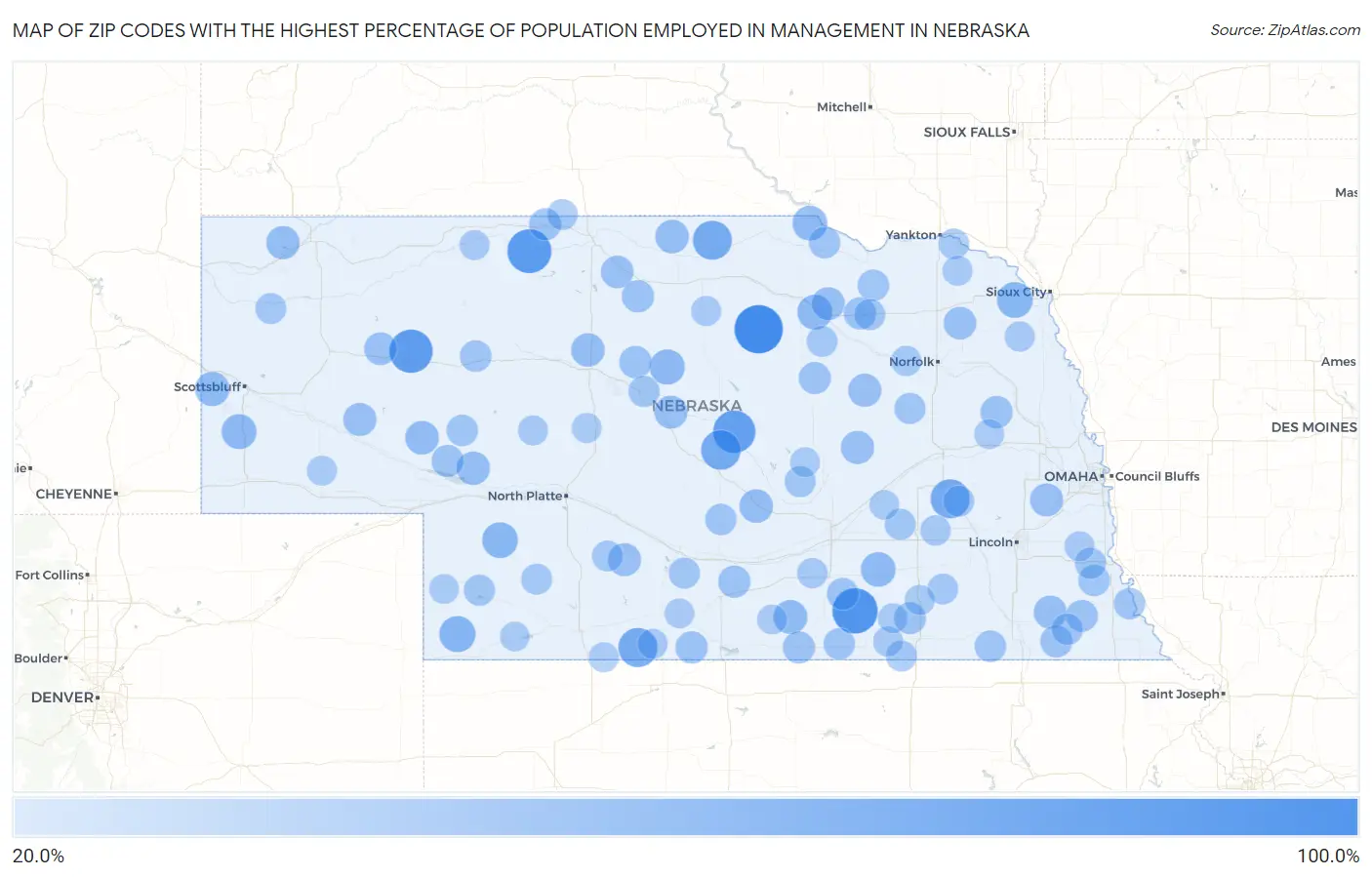 Zip Codes with the Highest Percentage of Population Employed in Management in Nebraska Map