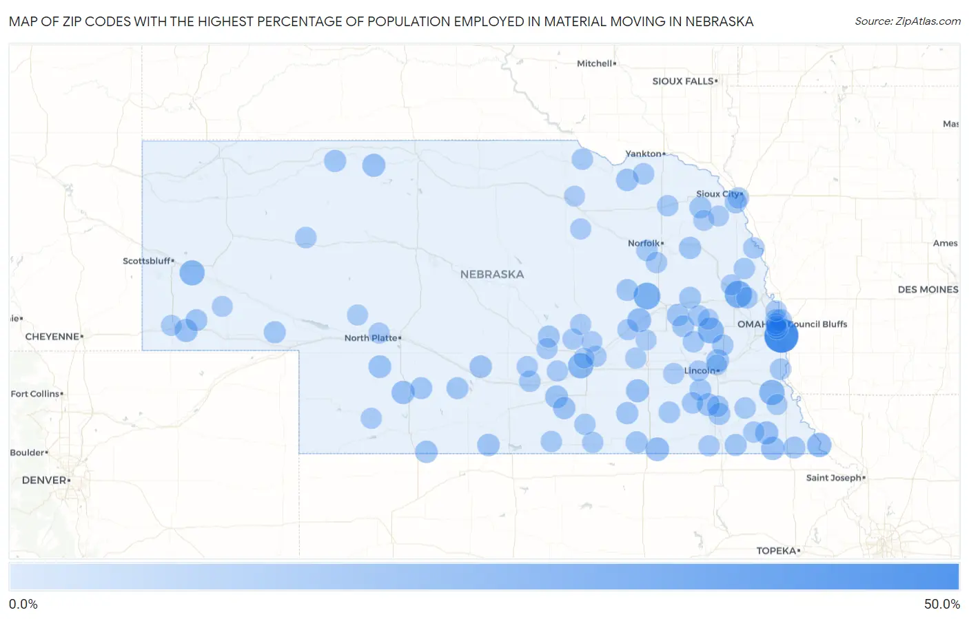 Zip Codes with the Highest Percentage of Population Employed in Material Moving in Nebraska Map