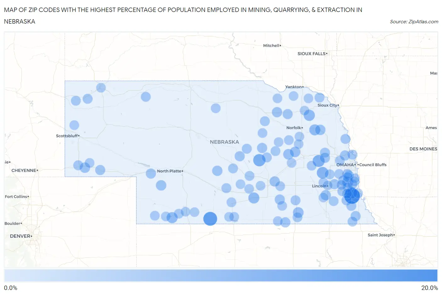 Zip Codes with the Highest Percentage of Population Employed in Mining, Quarrying, & Extraction in Nebraska Map
