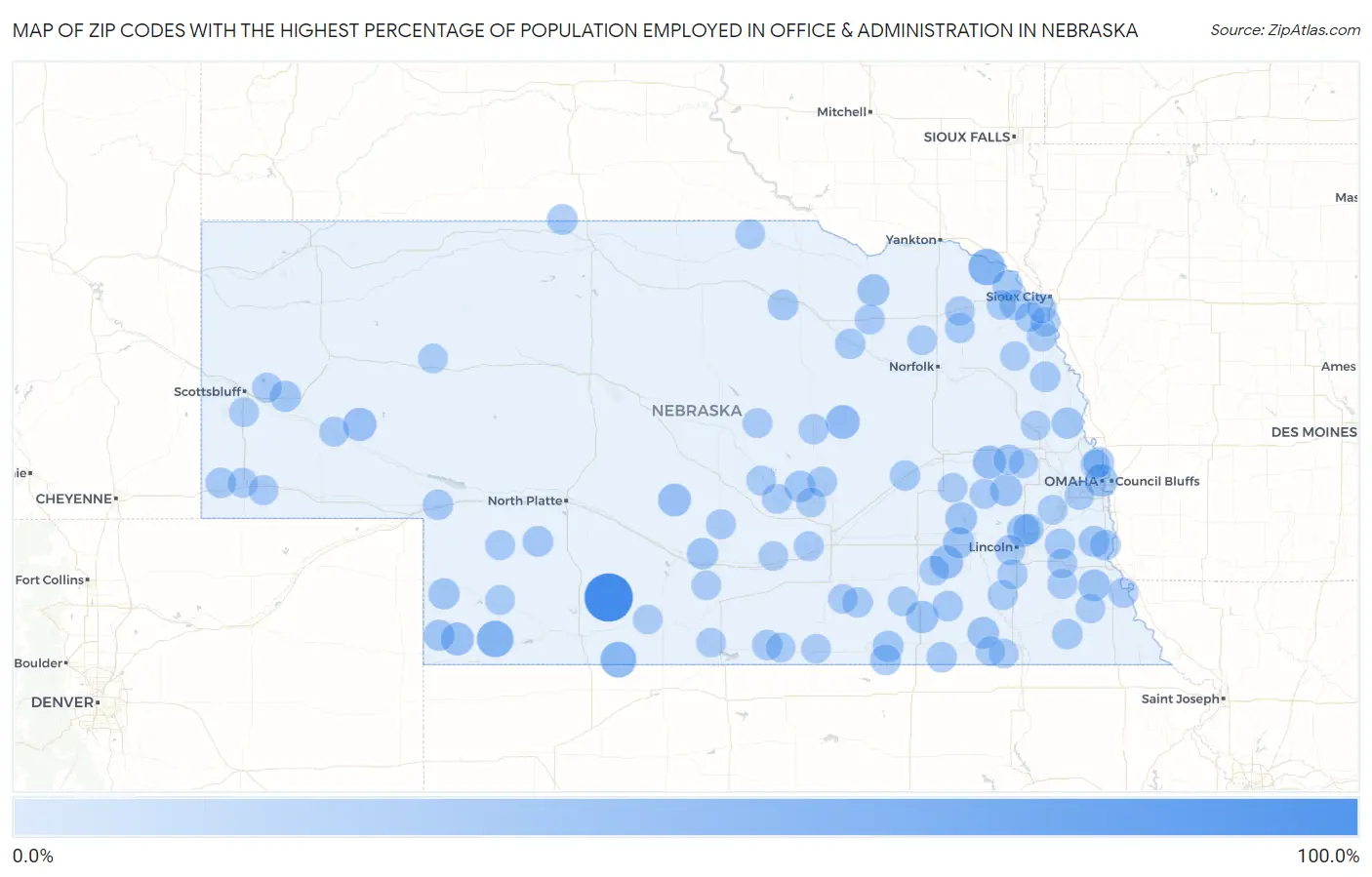 Zip Codes with the Highest Percentage of Population Employed in Office & Administration in Nebraska Map