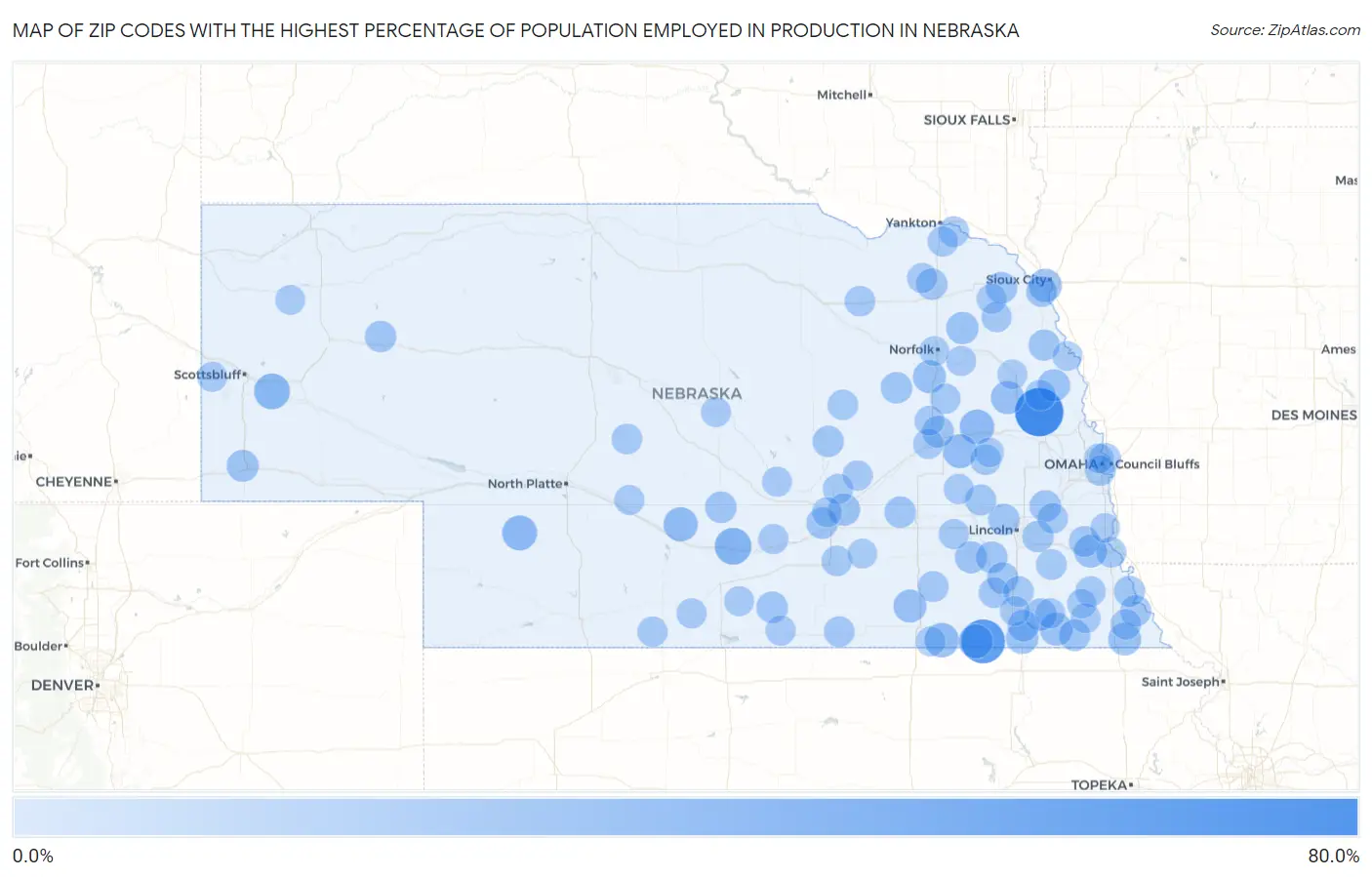 Zip Codes with the Highest Percentage of Population Employed in Production in Nebraska Map