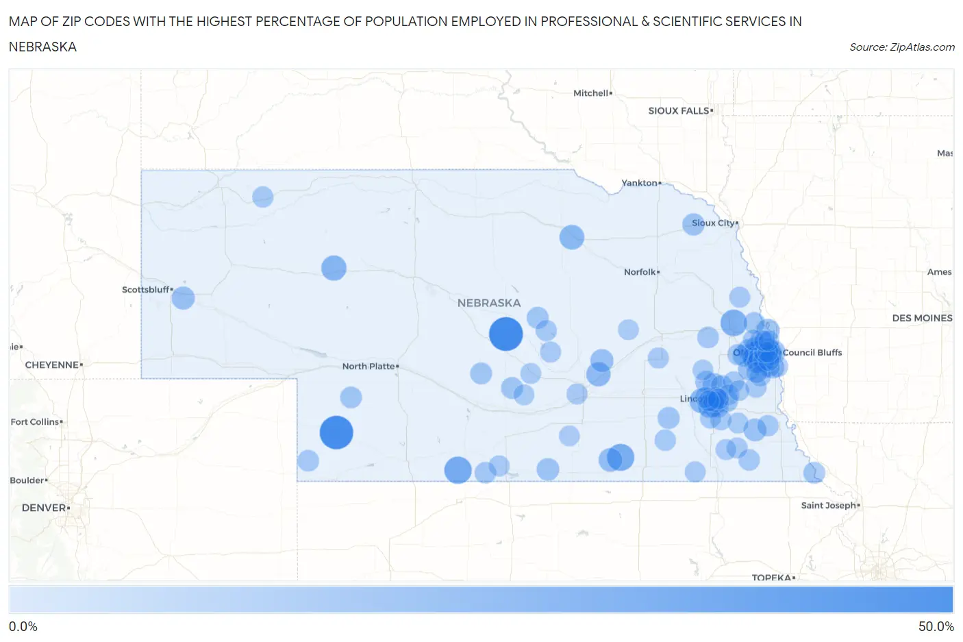 Zip Codes with the Highest Percentage of Population Employed in Professional & Scientific Services in Nebraska Map