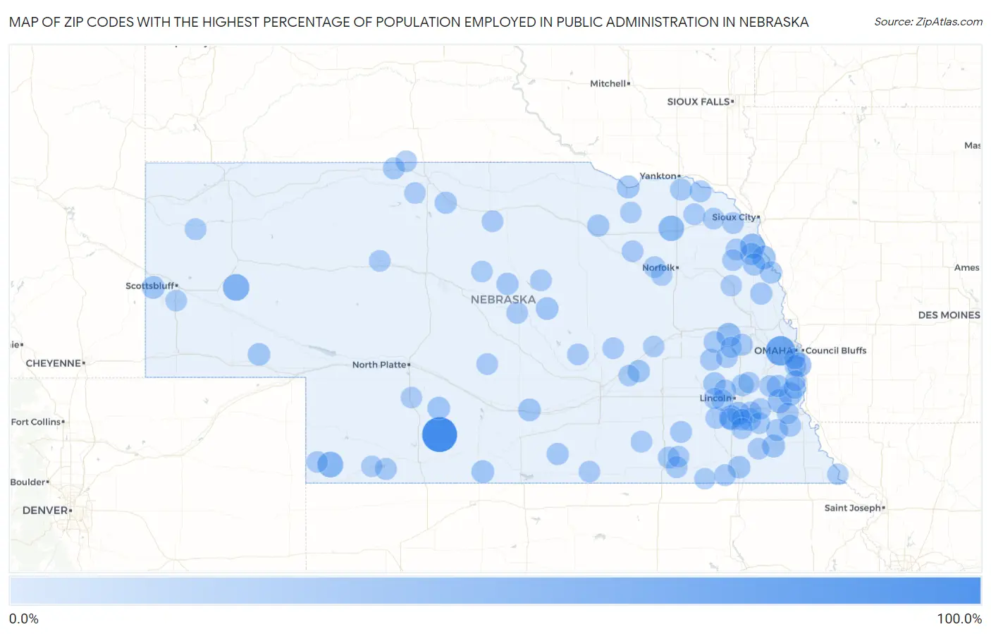 Zip Codes with the Highest Percentage of Population Employed in Public Administration in Nebraska Map
