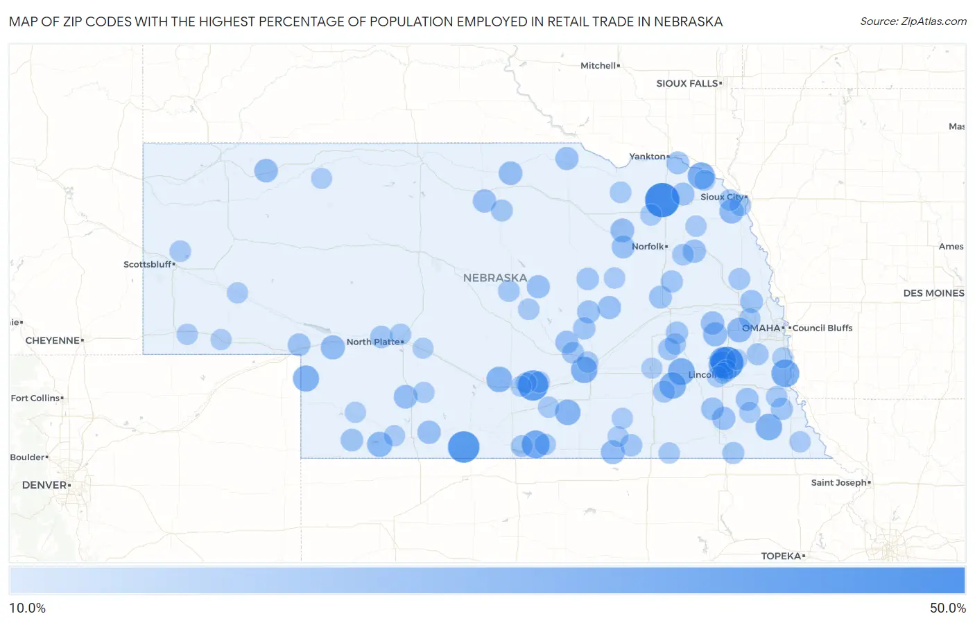 Zip Codes with the Highest Percentage of Population Employed in Retail Trade in Nebraska Map
