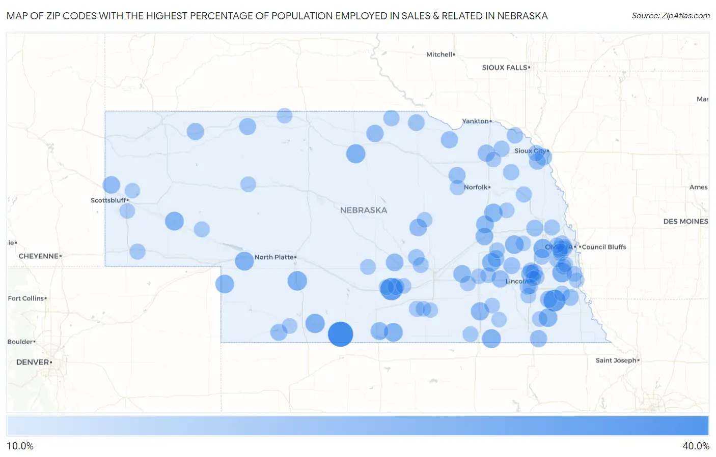 Zip Codes with the Highest Percentage of Population Employed in Sales & Related in Nebraska Map