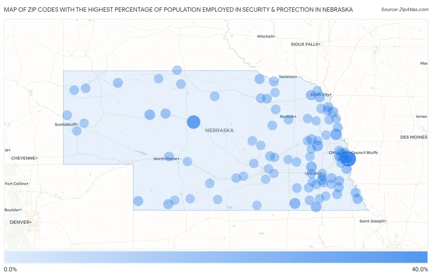 Zip Codes with the Highest Percentage of Population Employed in Security & Protection in Nebraska Map