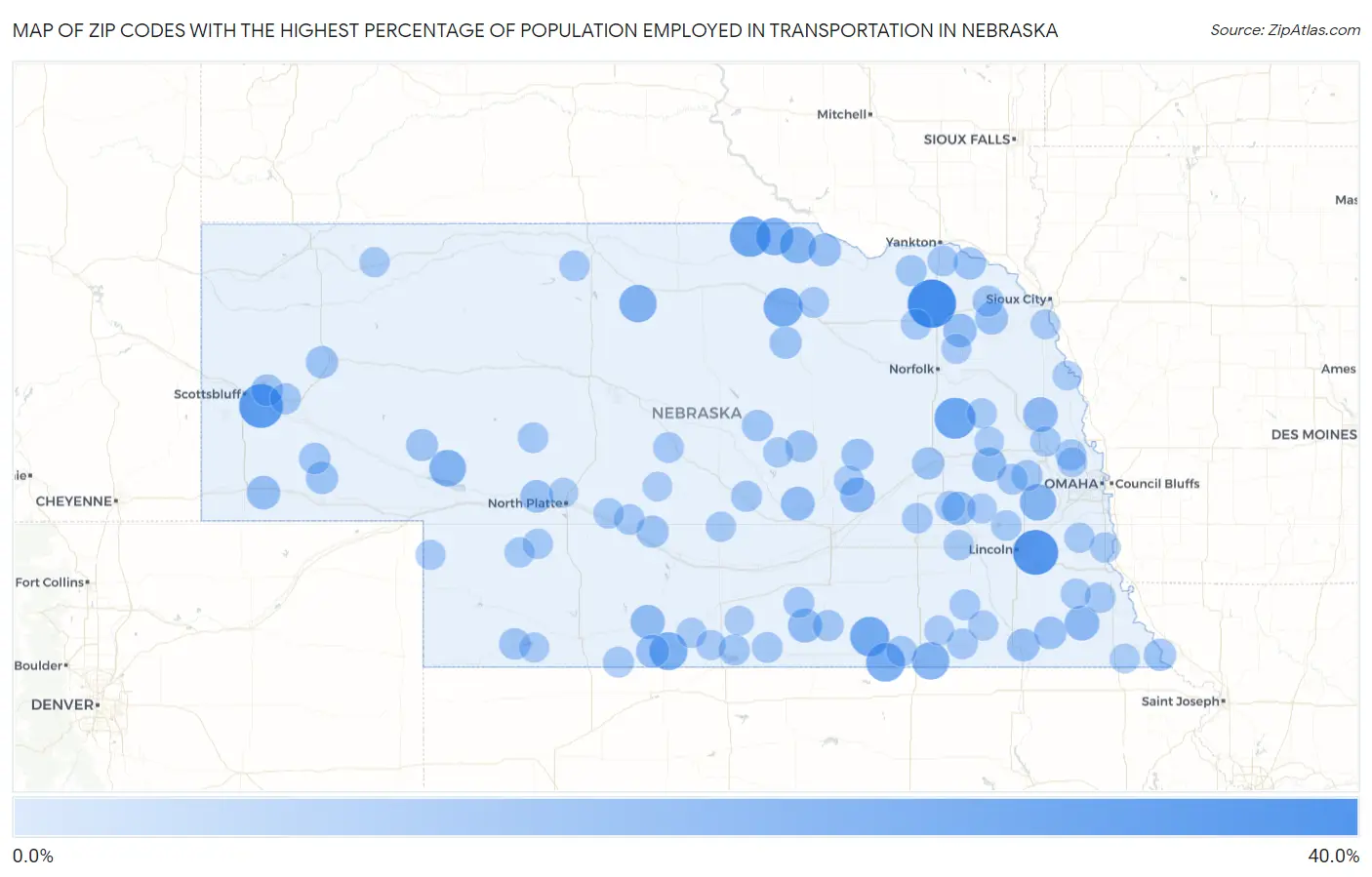 Zip Codes with the Highest Percentage of Population Employed in Transportation in Nebraska Map