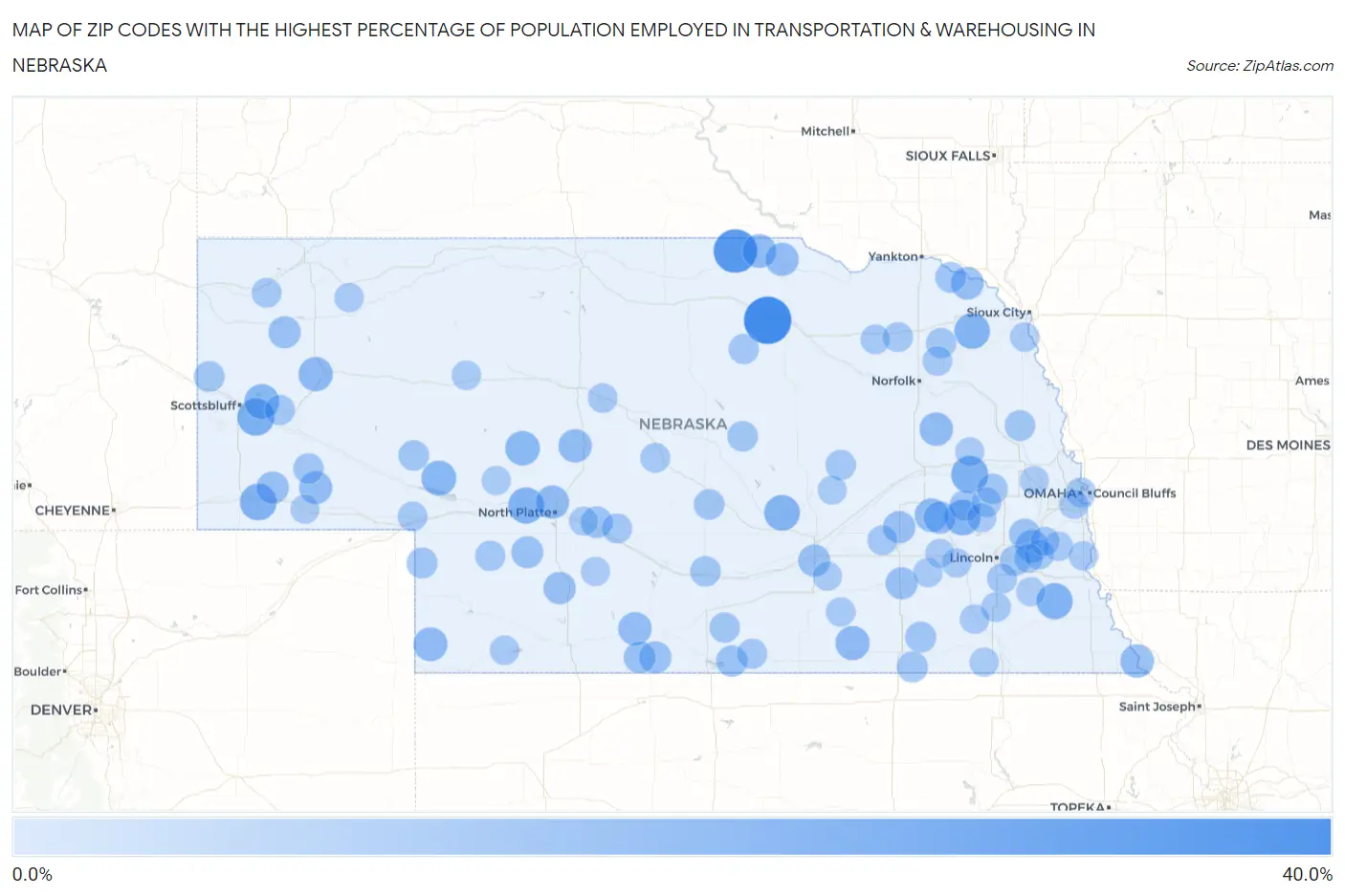 Zip Codes with the Highest Percentage of Population Employed in Transportation & Warehousing in Nebraska Map