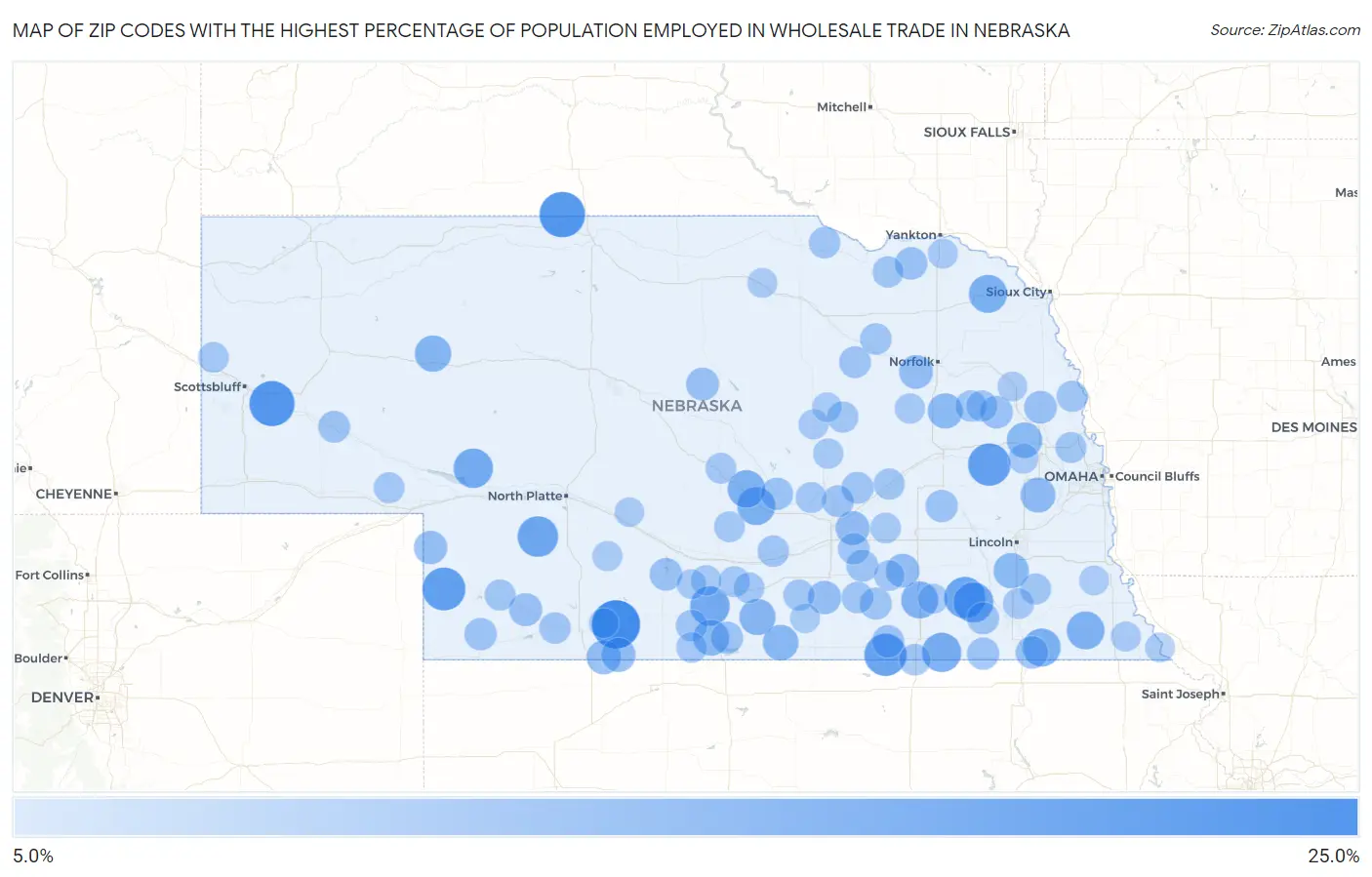 Zip Codes with the Highest Percentage of Population Employed in Wholesale Trade in Nebraska Map