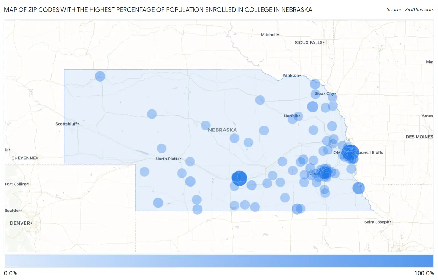 Zip Codes with the Highest Percentage of Population Enrolled in College in Nebraska Map