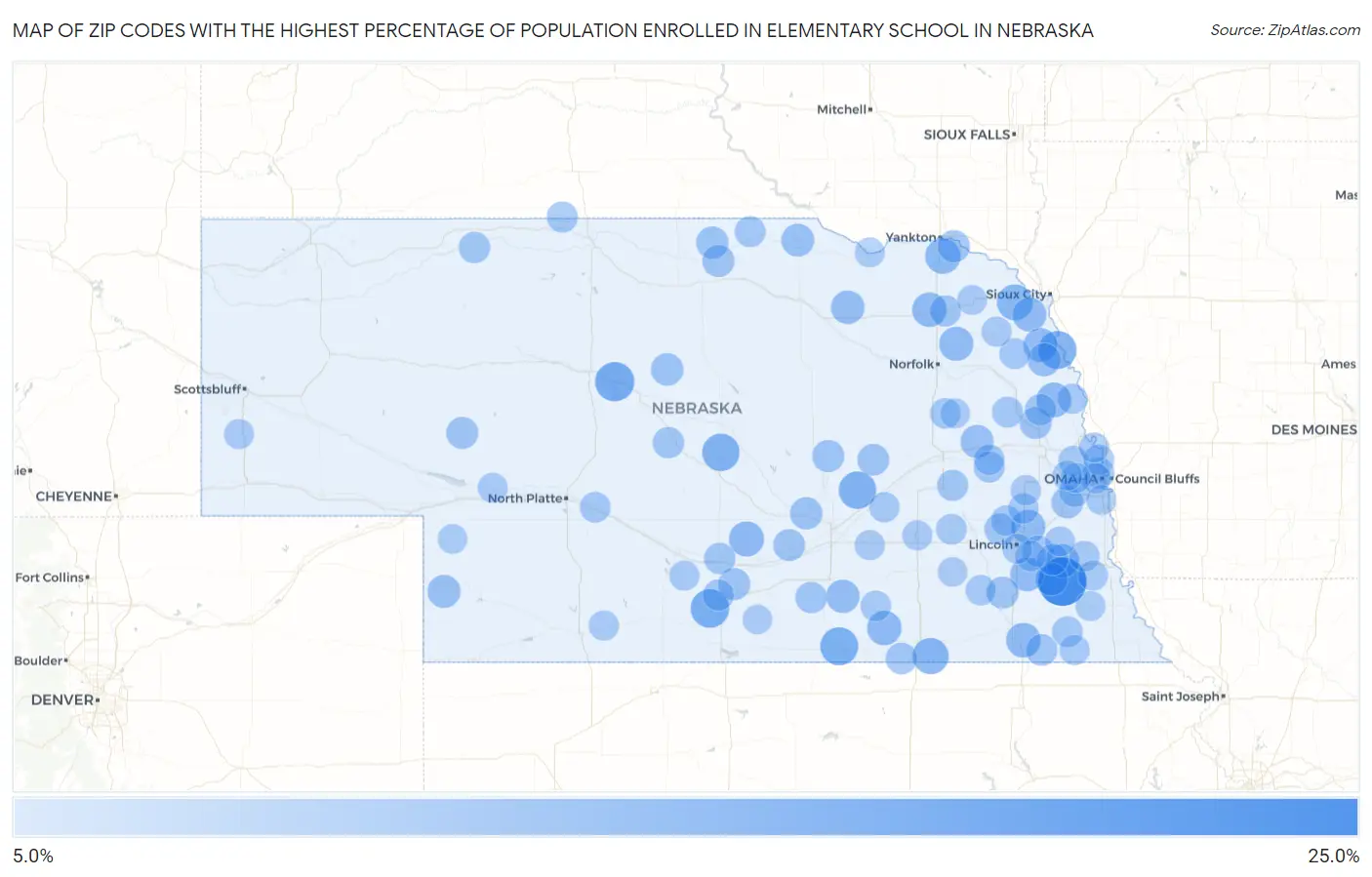 Zip Codes with the Highest Percentage of Population Enrolled in Elementary School in Nebraska Map