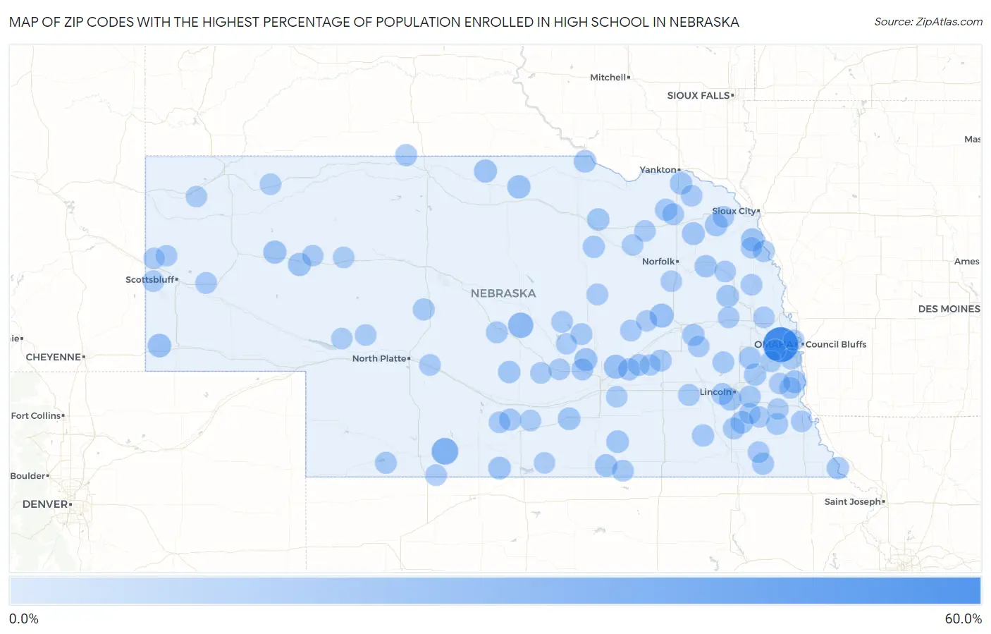 Zip Codes with the Highest Percentage of Population Enrolled in High School in Nebraska Map