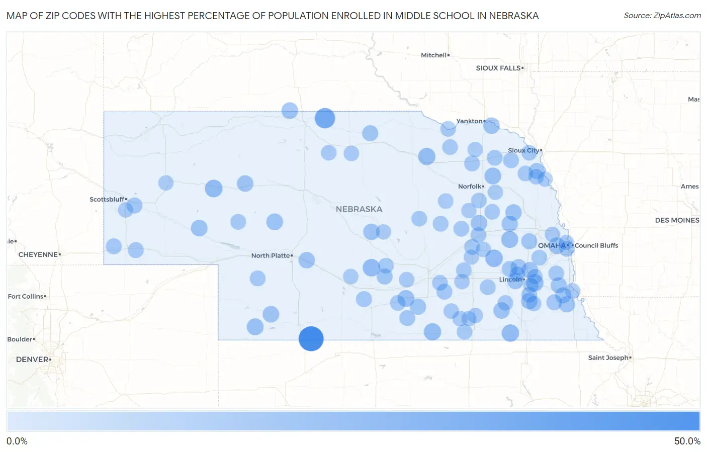 Zip Codes with the Highest Percentage of Population Enrolled in Middle School in Nebraska Map