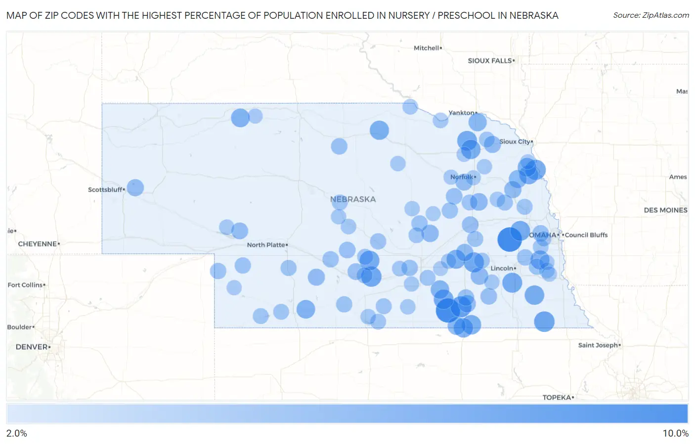 Zip Codes with the Highest Percentage of Population Enrolled in Nursery / Preschool in Nebraska Map