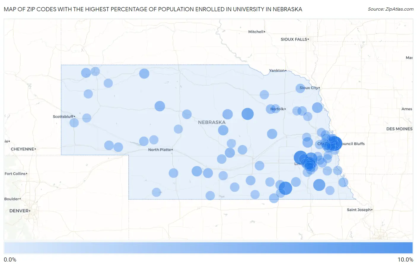 Zip Codes with the Highest Percentage of Population Enrolled in University in Nebraska Map