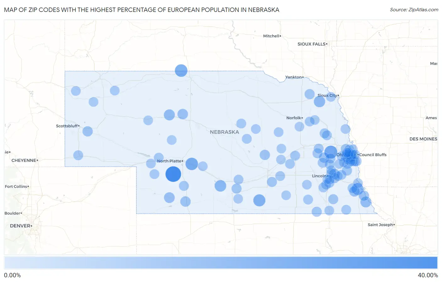 Zip Codes with the Highest Percentage of European Population in Nebraska Map