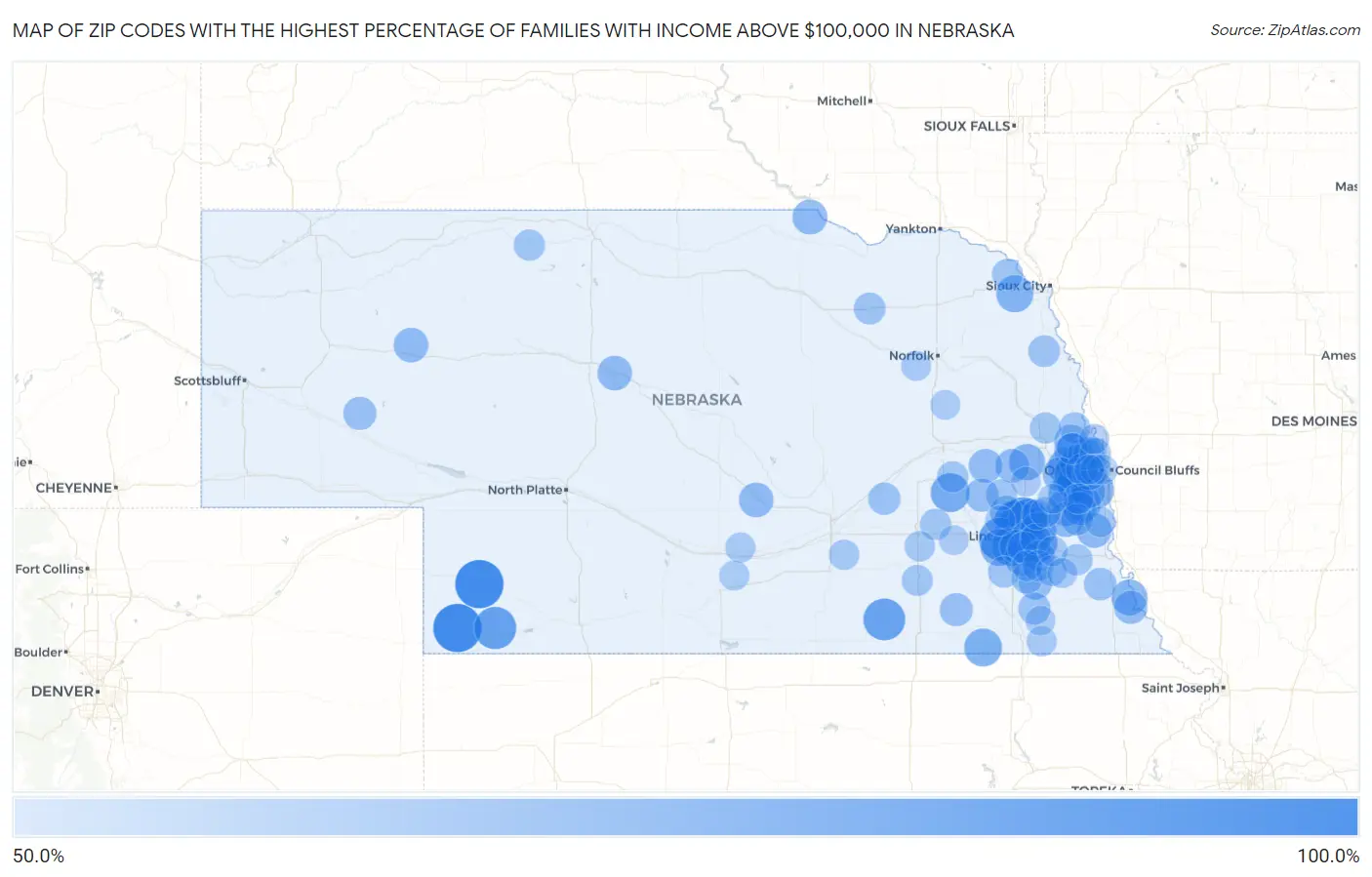 Zip Codes with the Highest Percentage of Families with Income Above $100,000 in Nebraska Map