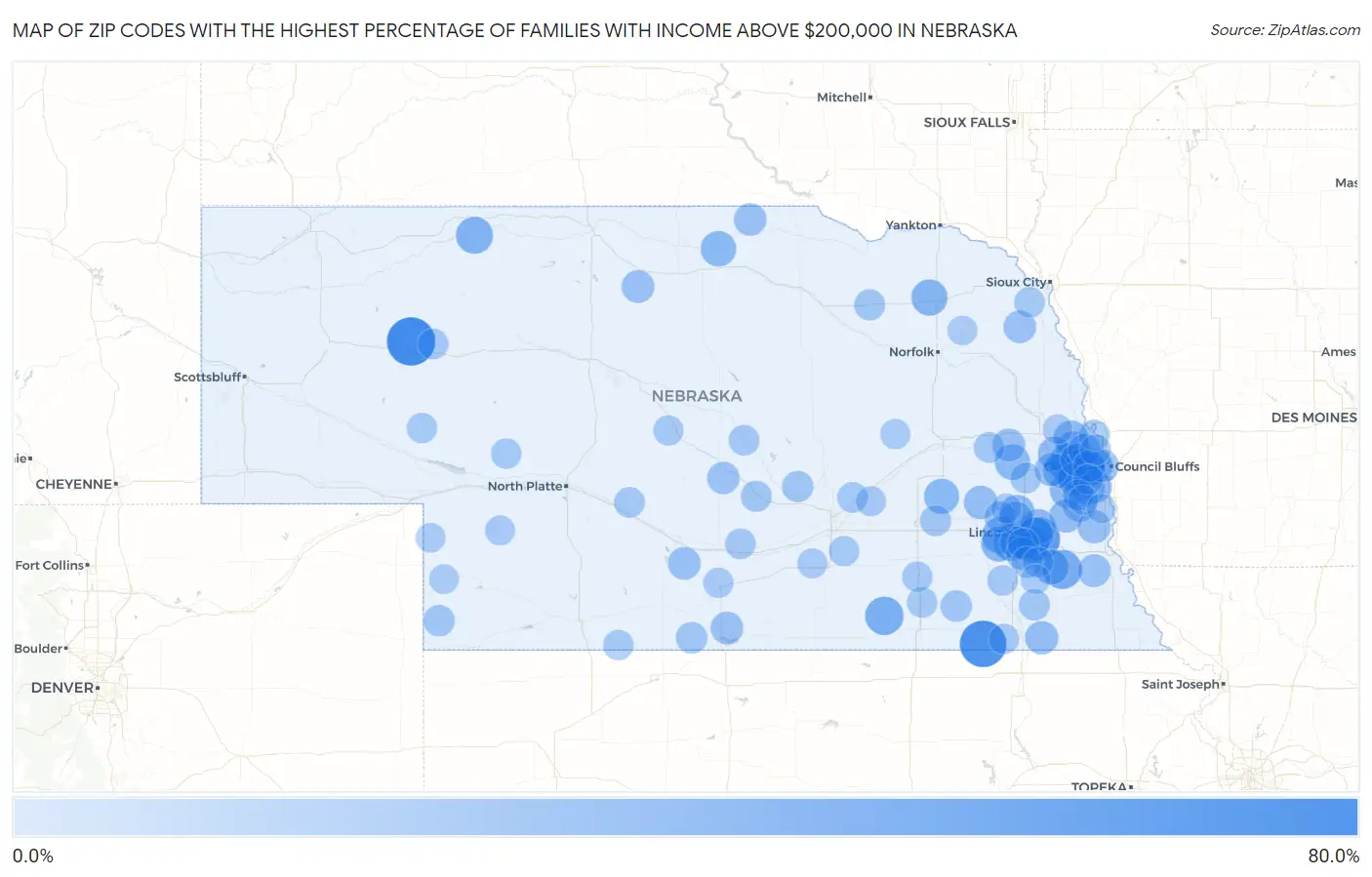Zip Codes with the Highest Percentage of Families with Income Above $200,000 in Nebraska Map