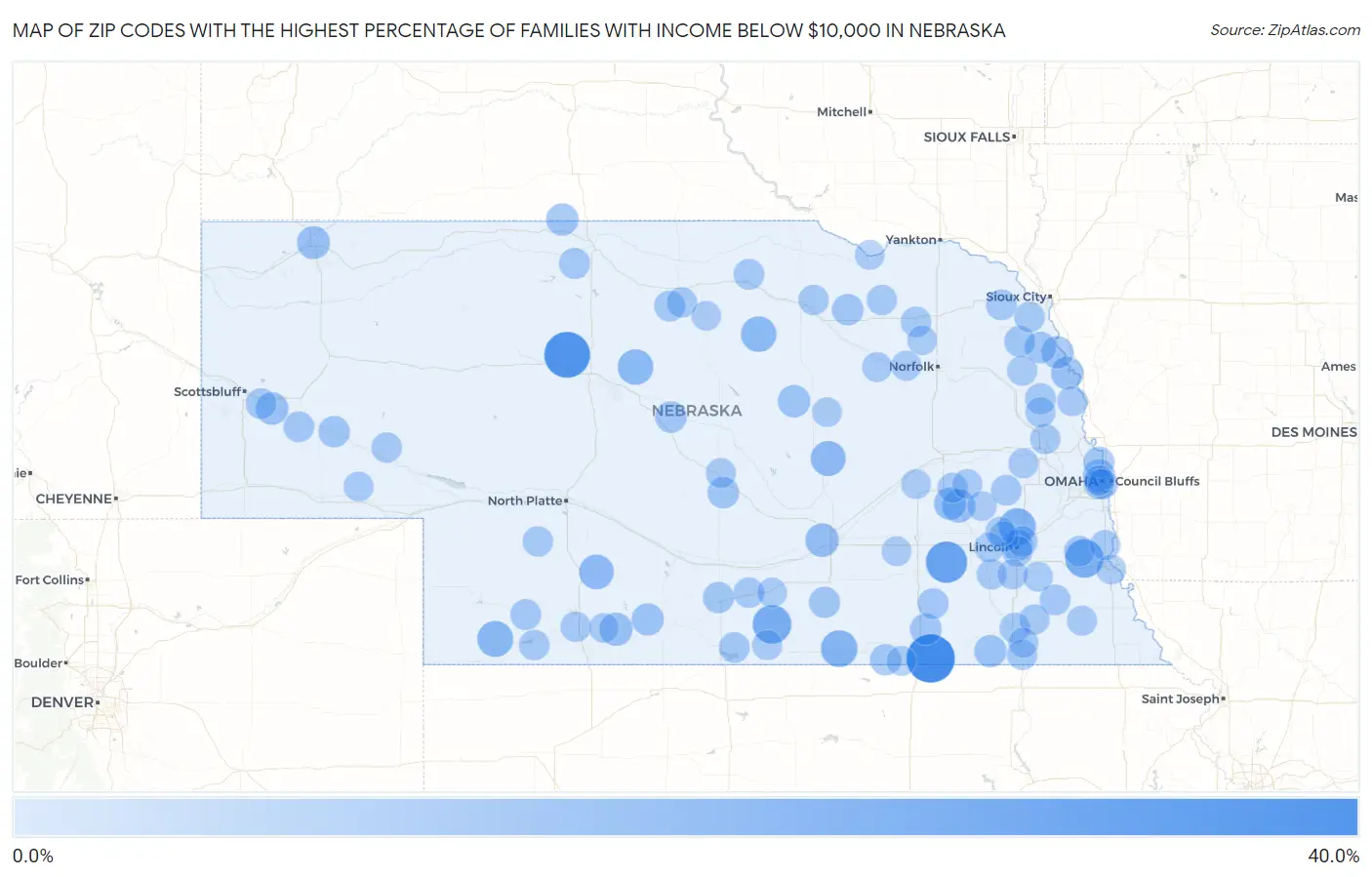 Zip Codes with the Highest Percentage of Families with Income Below $10,000 in Nebraska Map