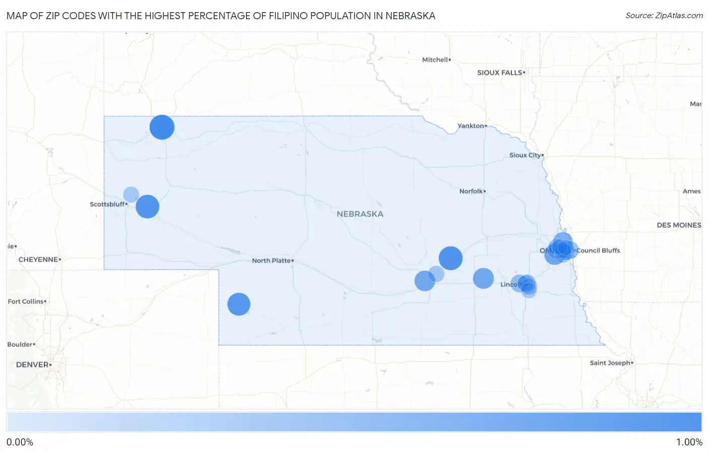 Zip Codes with the Highest Percentage of Filipino Population in Nebraska Map
