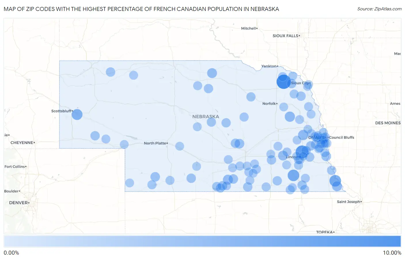 Zip Codes with the Highest Percentage of French Canadian Population in Nebraska Map