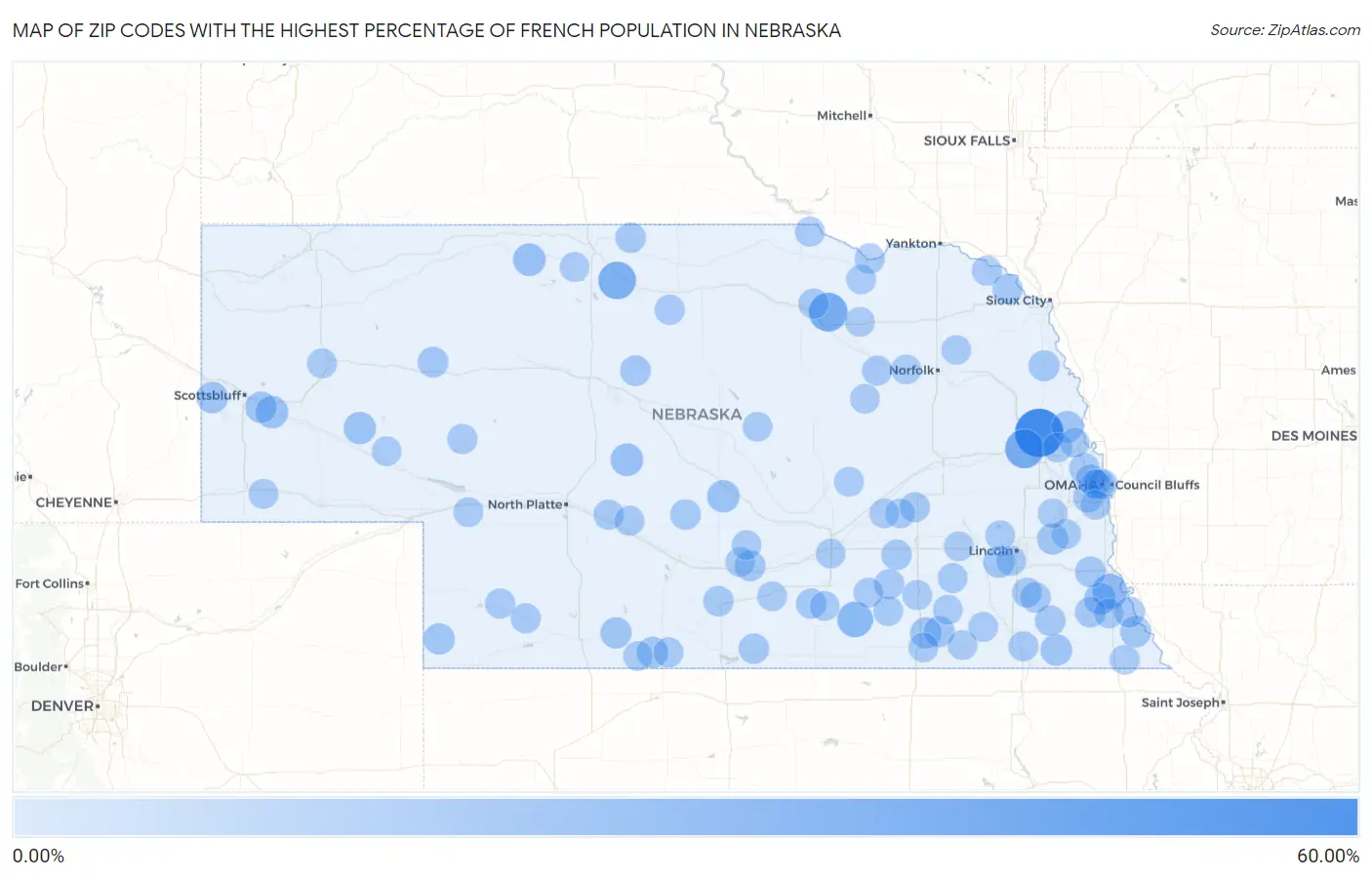 Zip Codes with the Highest Percentage of French Population in Nebraska Map