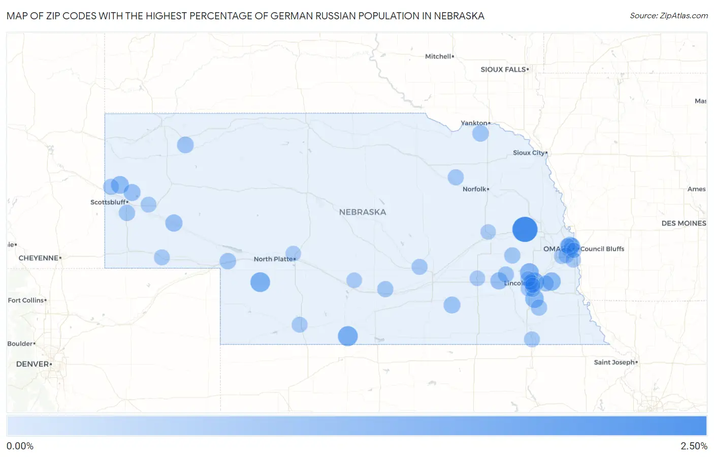 Zip Codes with the Highest Percentage of German Russian Population in Nebraska Map