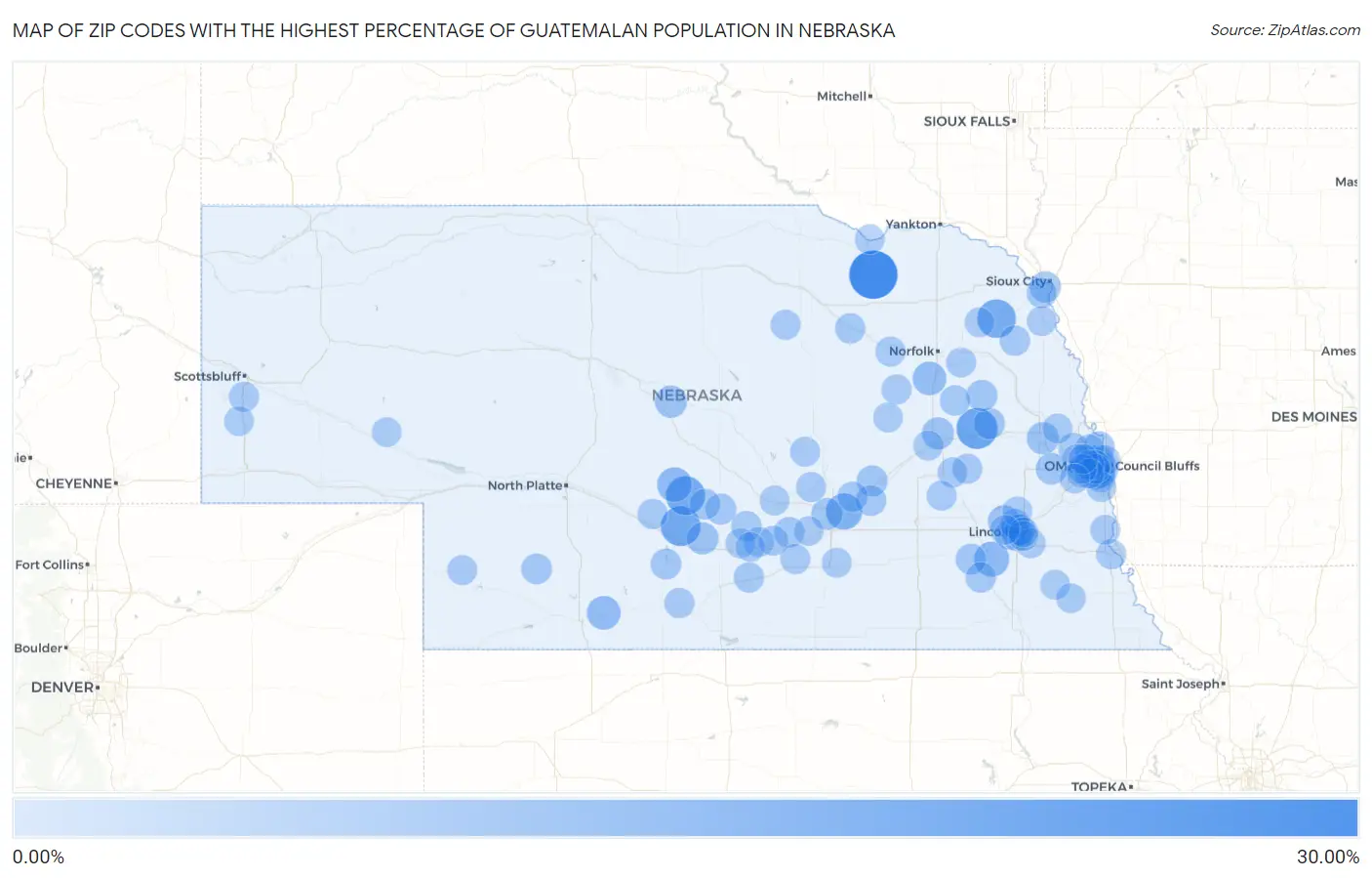 Zip Codes with the Highest Percentage of Guatemalan Population in Nebraska Map