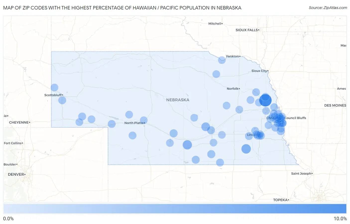 Zip Codes with the Highest Percentage of Hawaiian / Pacific Population in Nebraska Map