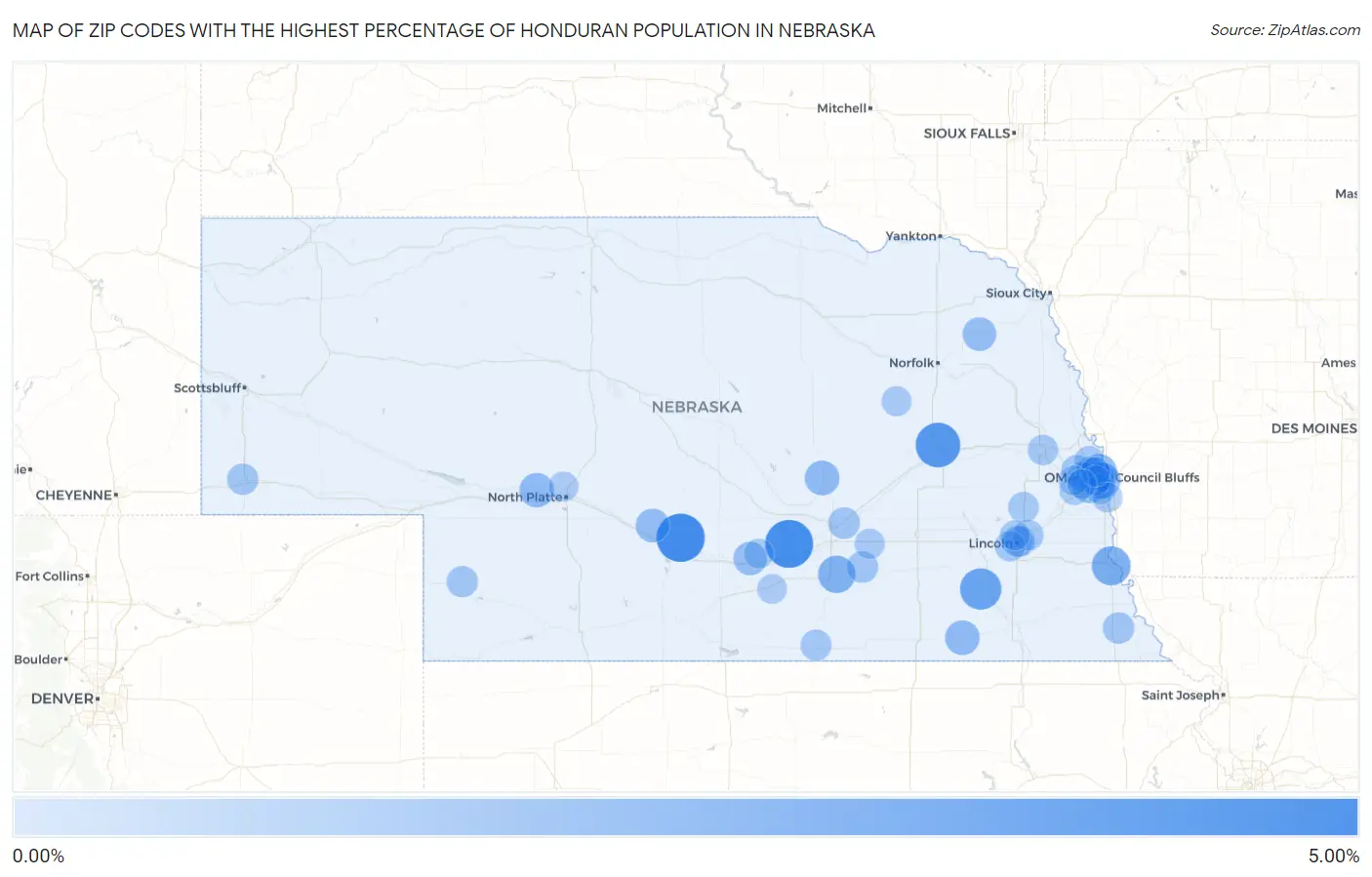 Zip Codes with the Highest Percentage of Honduran Population in Nebraska Map