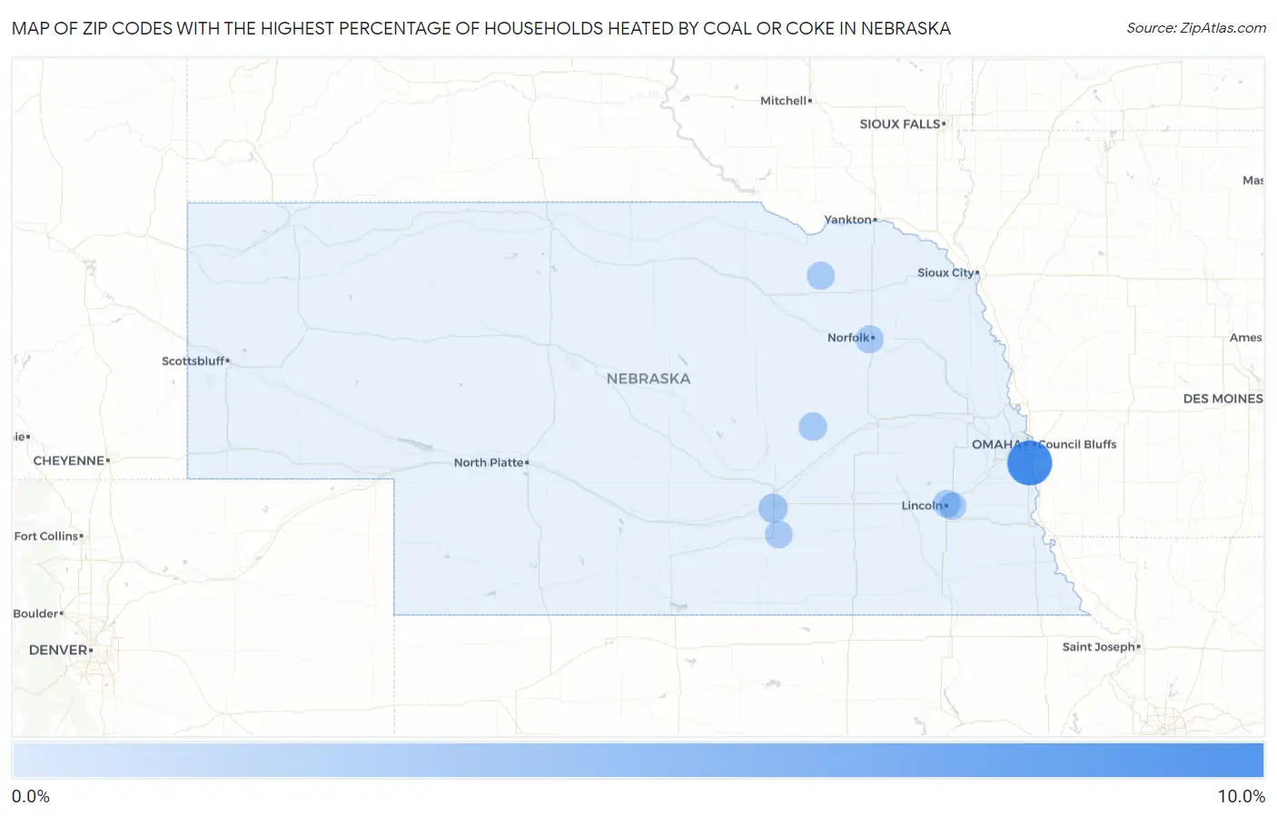 Zip Codes with the Highest Percentage of Households Heated by Coal or Coke in Nebraska Map