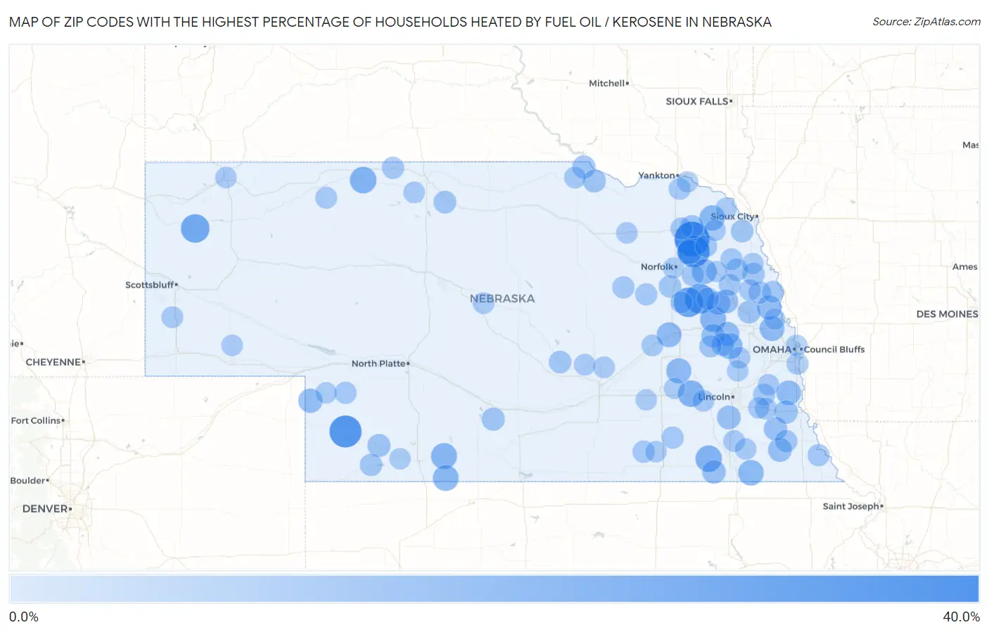Zip Codes with the Highest Percentage of Households Heated by Fuel Oil / Kerosene in Nebraska Map