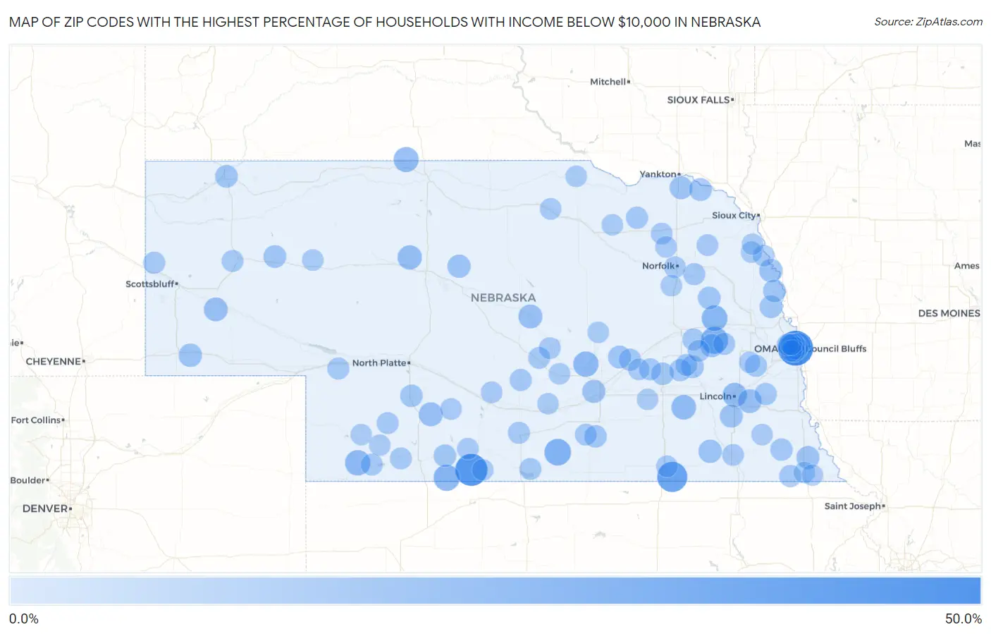 Zip Codes with the Highest Percentage of Households with Income Below $10,000 in Nebraska Map