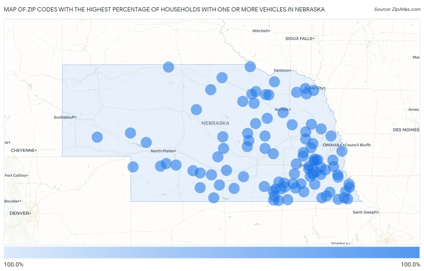 Zip Codes with the Highest Percentage of Households With One or more Vehicles in Nebraska Map