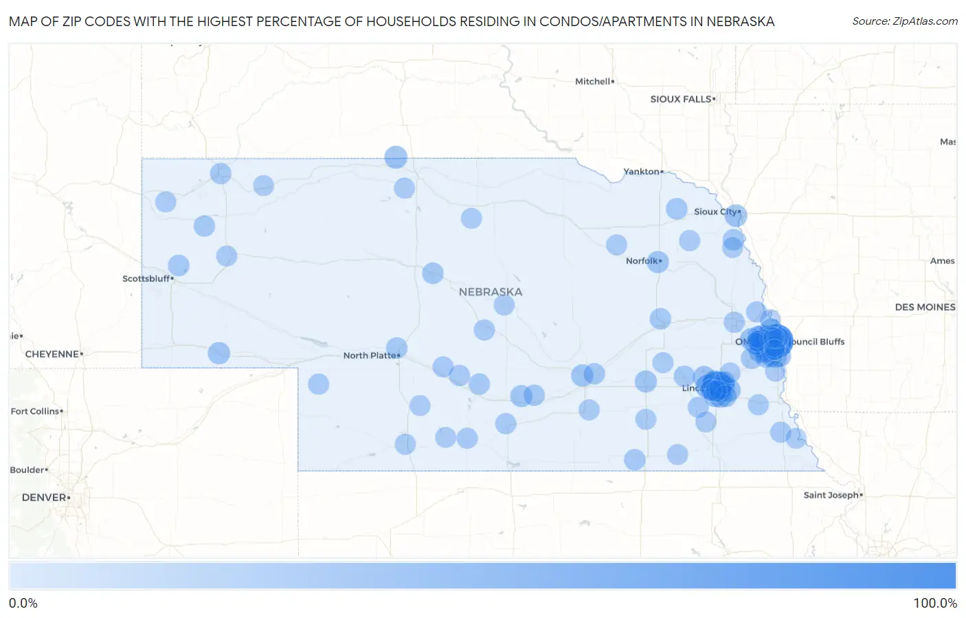 Zip Codes with the Highest Percentage of Households Residing in Condos/Apartments in Nebraska Map