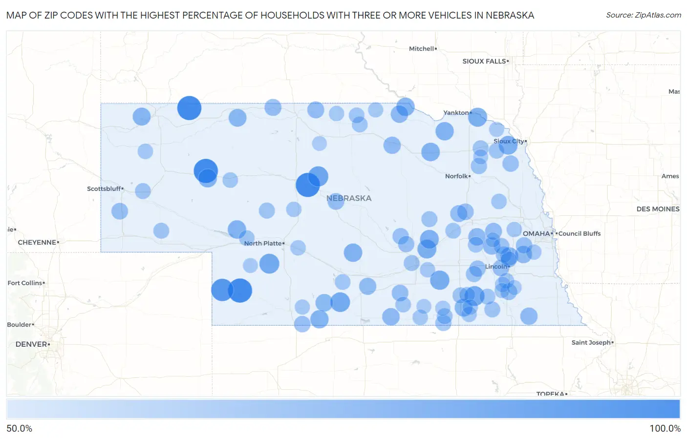 Zip Codes with the Highest Percentage of Households With Three or more Vehicles in Nebraska Map