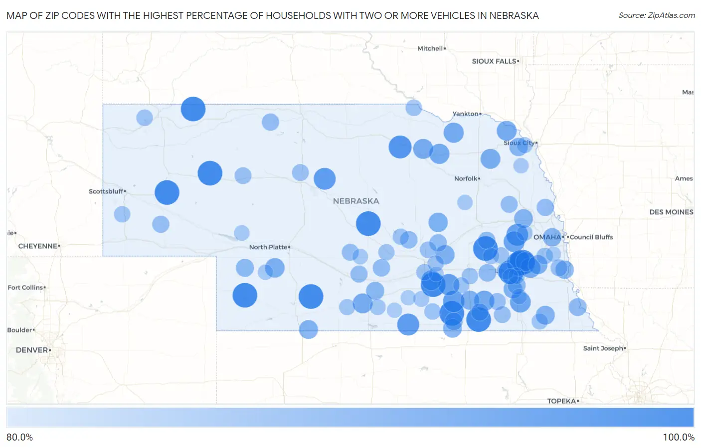 Zip Codes with the Highest Percentage of Households With Two or more Vehicles in Nebraska Map