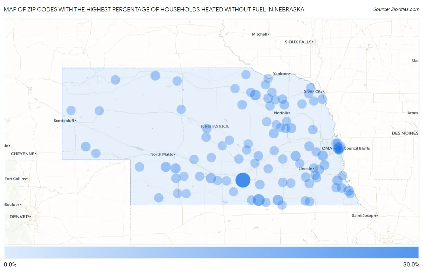 Zip Codes with the Highest Percentage of Households Heated without Fuel in Nebraska Map
