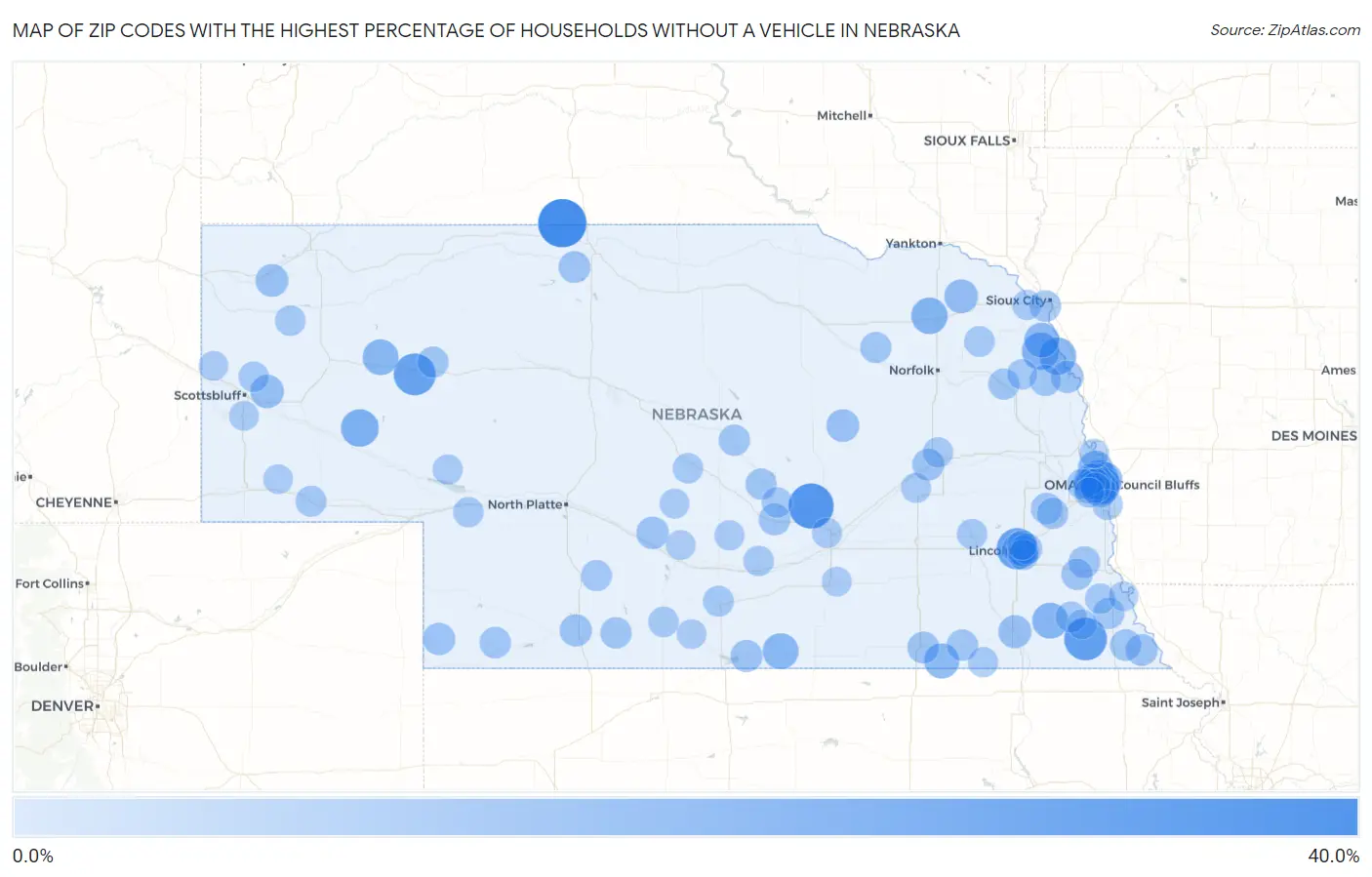 Zip Codes with the Highest Percentage of Households Without a Vehicle in Nebraska Map