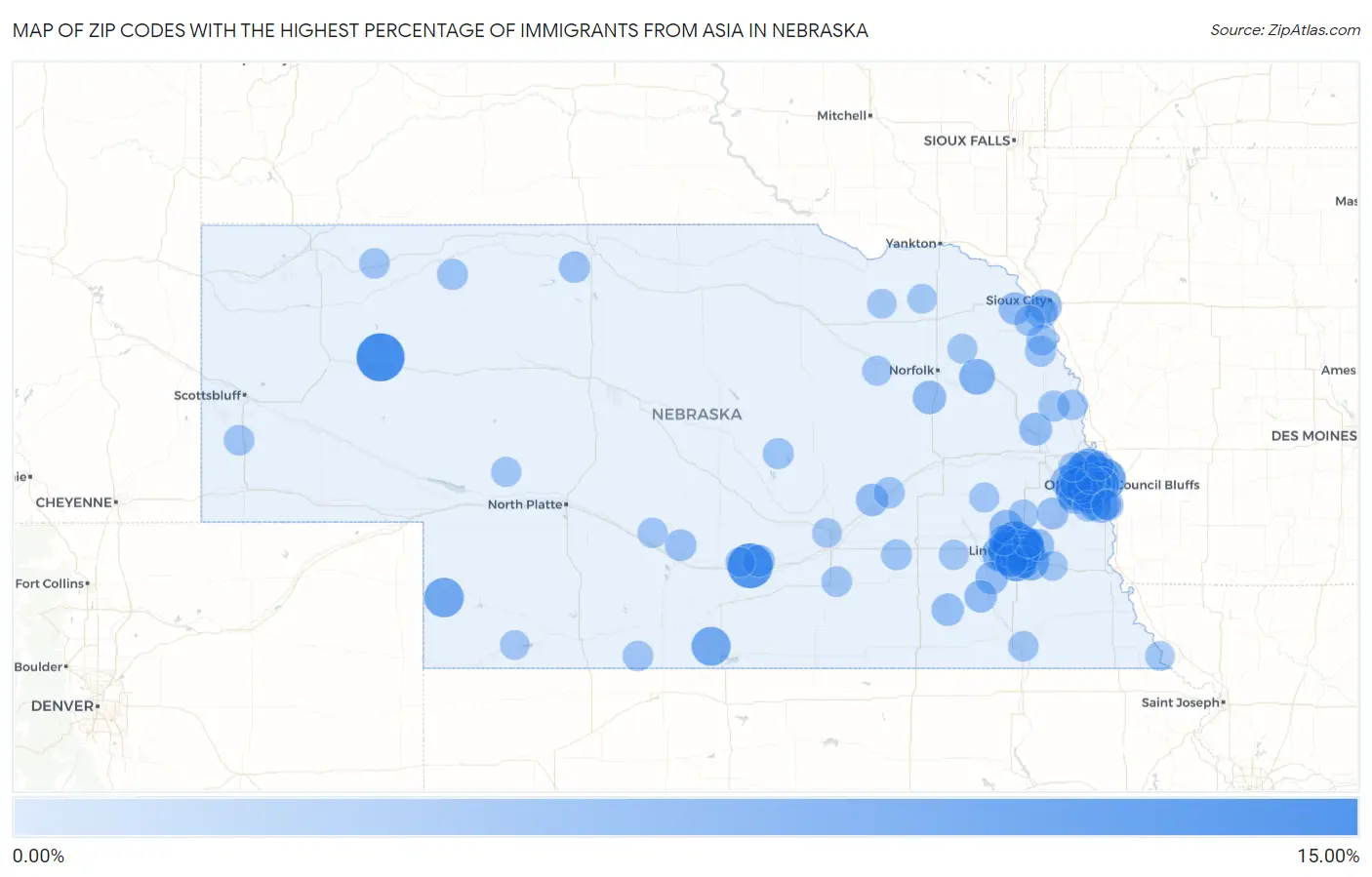 Zip Codes with the Highest Percentage of Immigrants from Asia in Nebraska Map