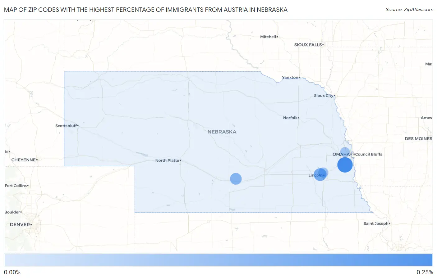Zip Codes with the Highest Percentage of Immigrants from Austria in Nebraska Map
