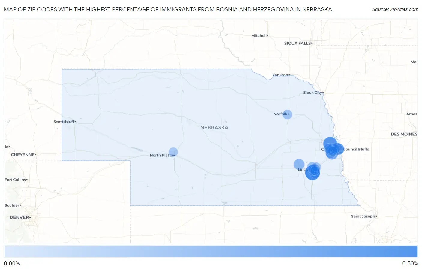 Zip Codes with the Highest Percentage of Immigrants from Bosnia and Herzegovina in Nebraska Map