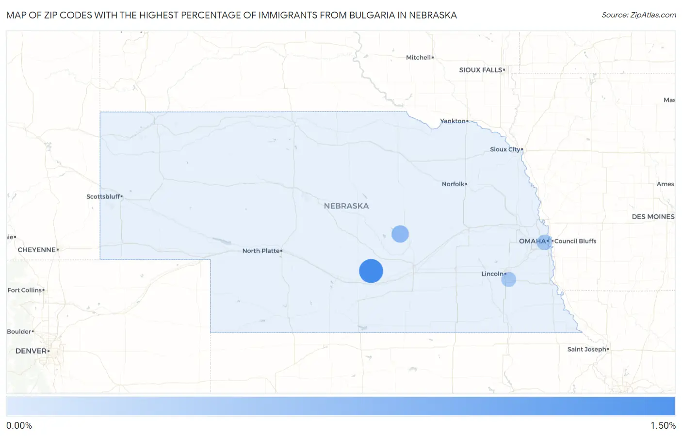 Zip Codes with the Highest Percentage of Immigrants from Bulgaria in Nebraska Map