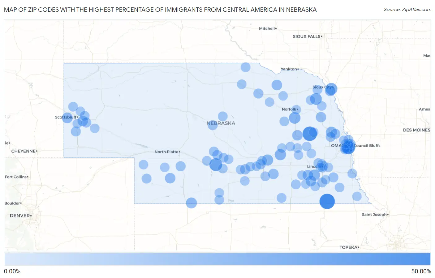 Zip Codes with the Highest Percentage of Immigrants from Central America in Nebraska Map