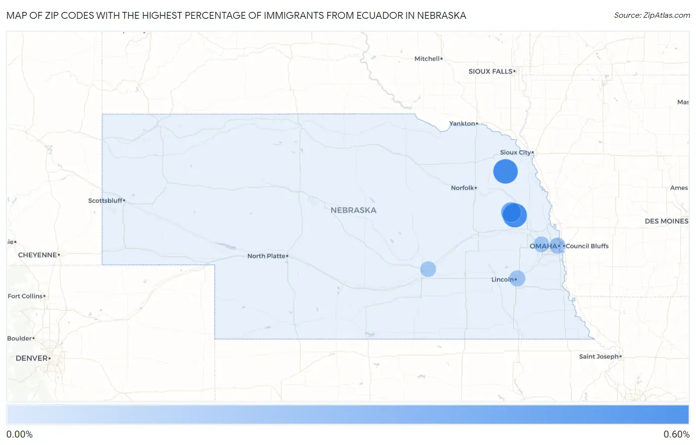 Zip Codes with the Highest Percentage of Immigrants from Ecuador in Nebraska Map