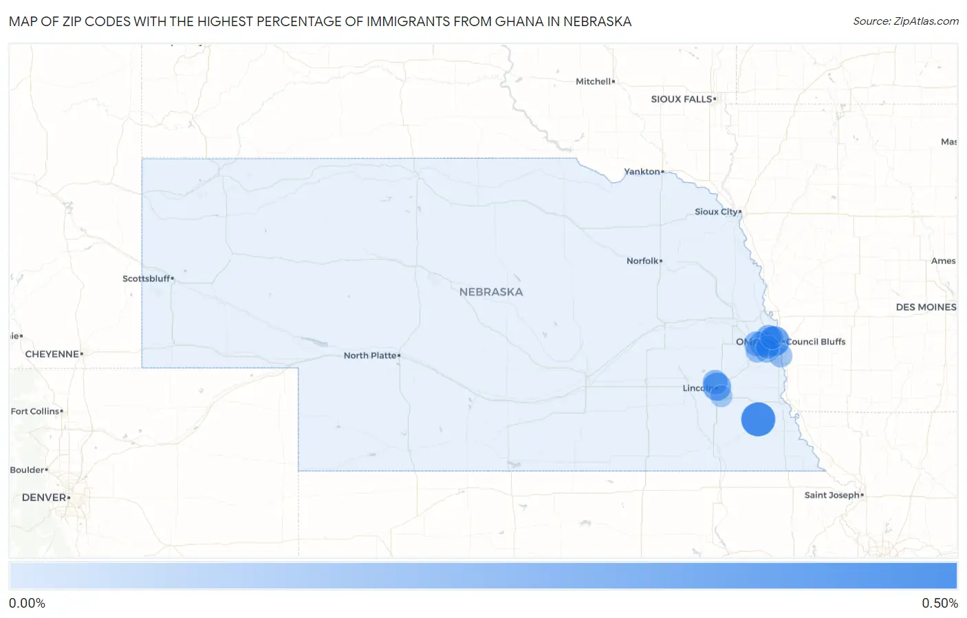 Zip Codes with the Highest Percentage of Immigrants from Ghana in Nebraska Map